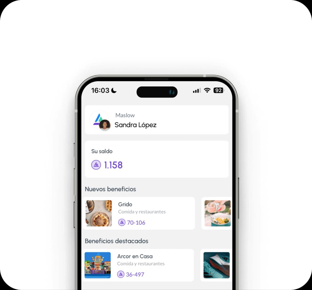 App móvel da Maslow mostrando benefícios e descontos