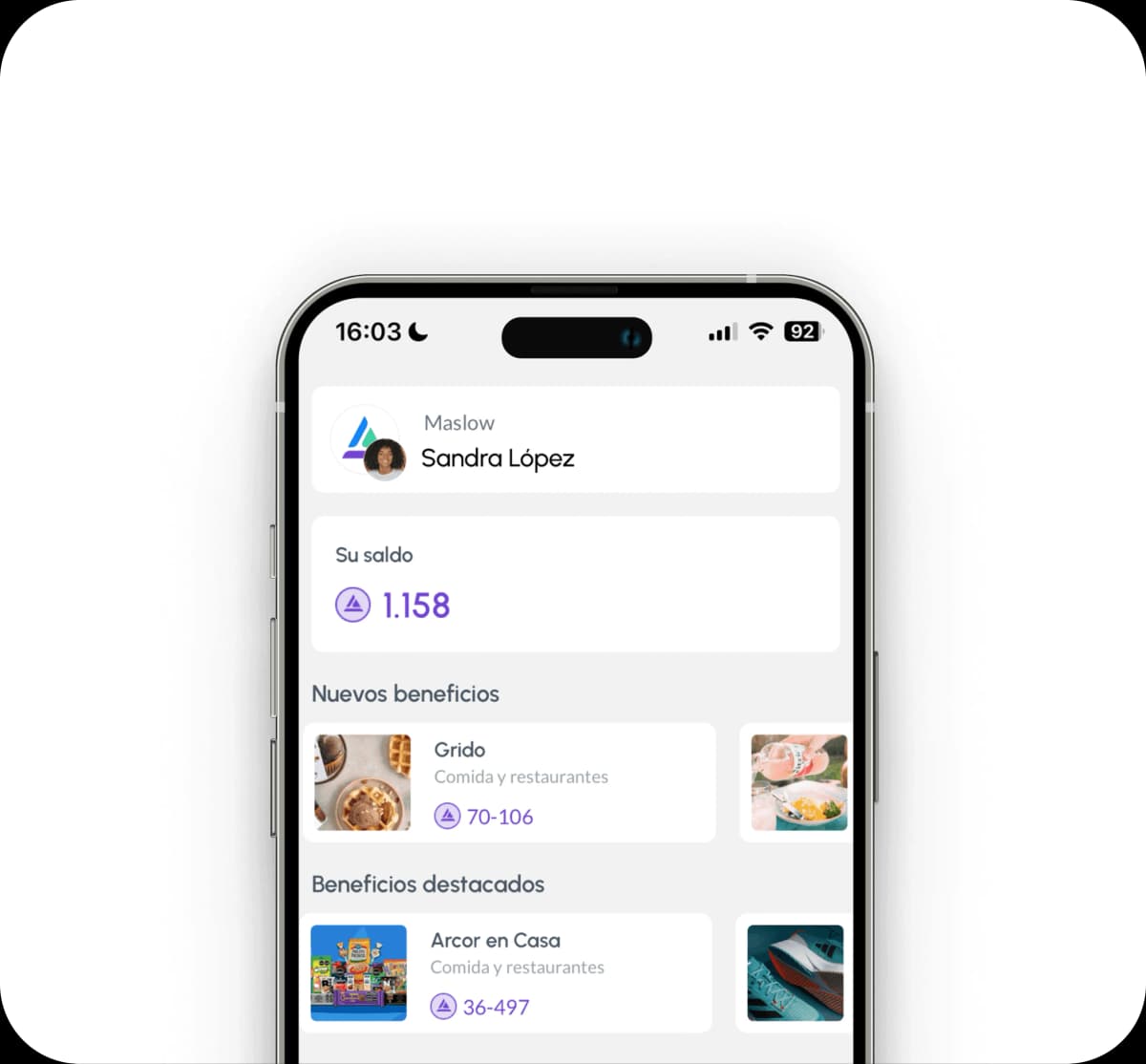 App móvil de Maslow mostrando beneficios y descuentos