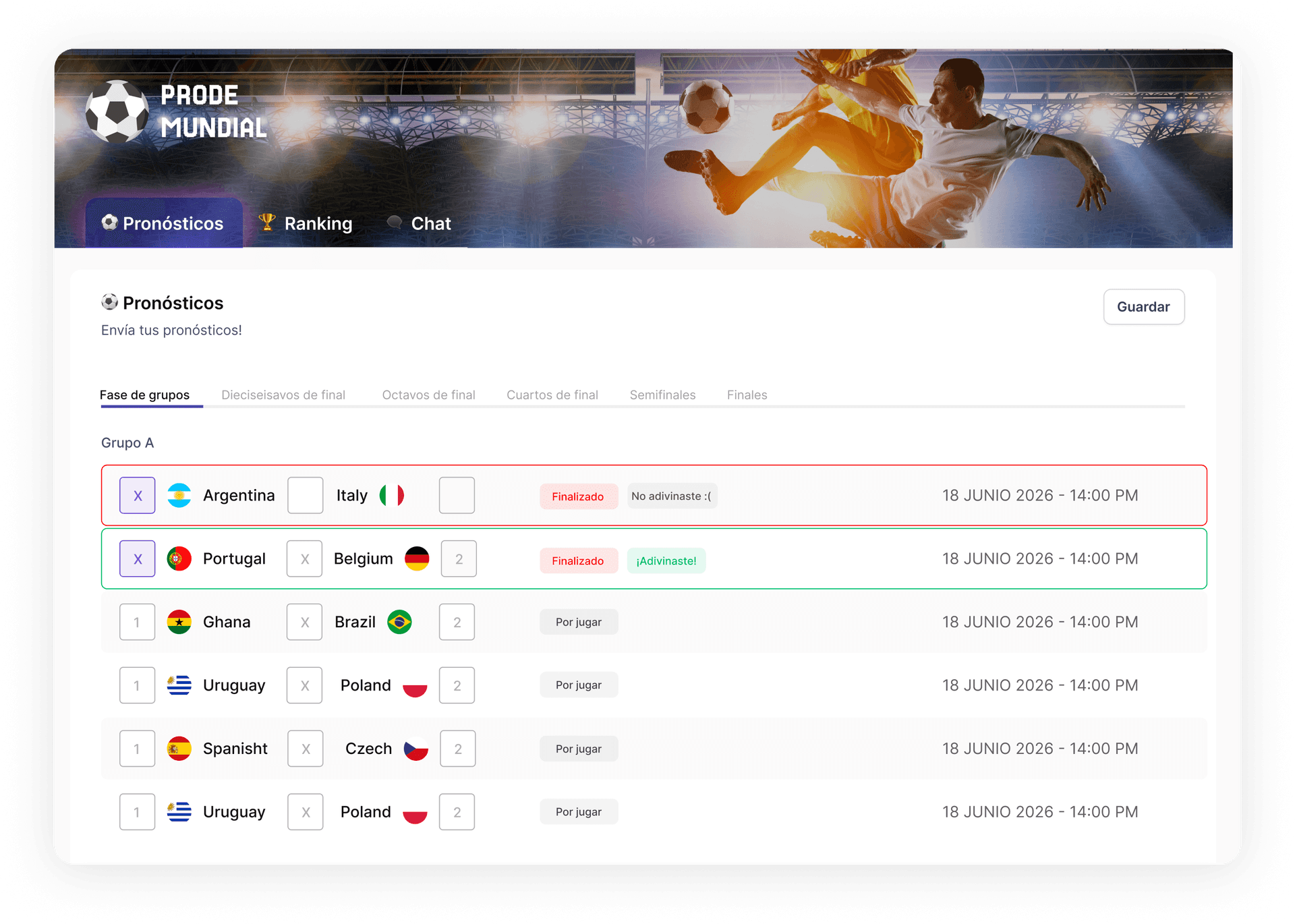Pantalla de pronósticos del Prode Mundial