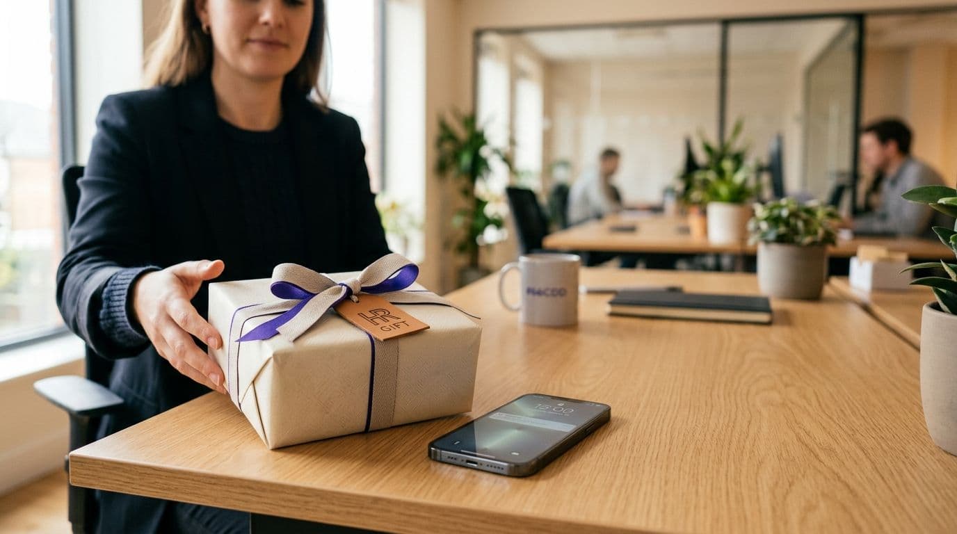 Uma pessoa entregando um presente corporativo embrulhado com laço violeta sobre uma mesa em um escritório iluminado