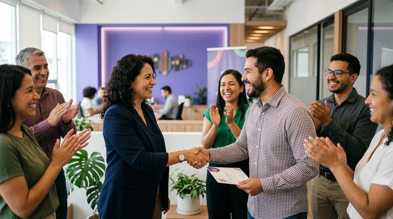 Un manager felicita a un colaborador mientras el equipo aplaude en una oficina moderna