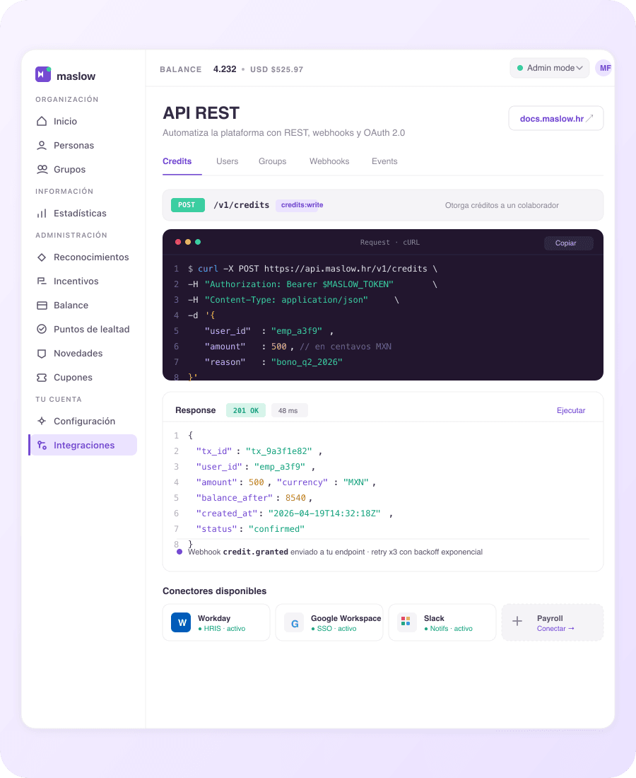 Docs de API REST de Maslow con request curl, response JSON y conectores disponibles